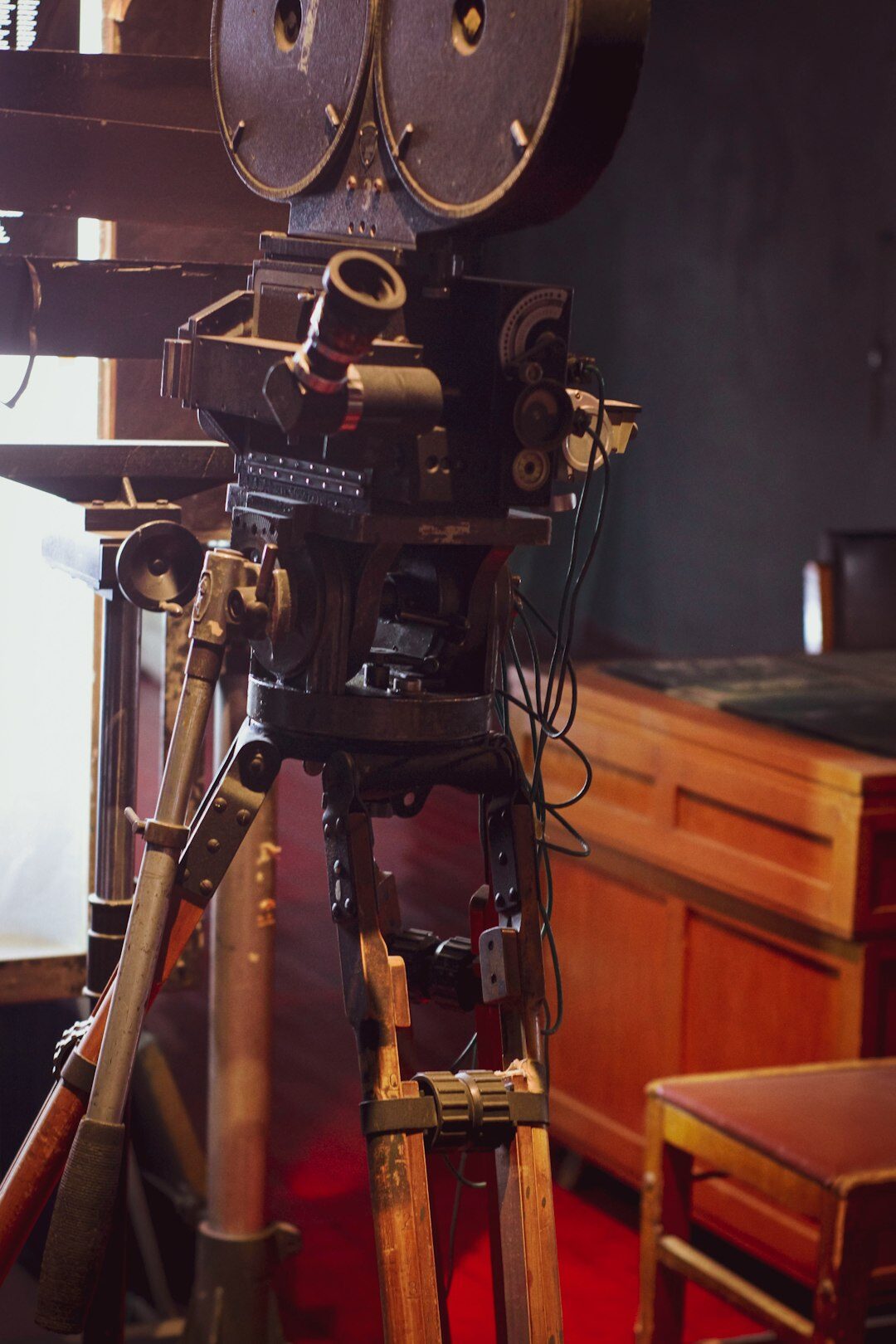 Old television broadcast studio with cameras and lights